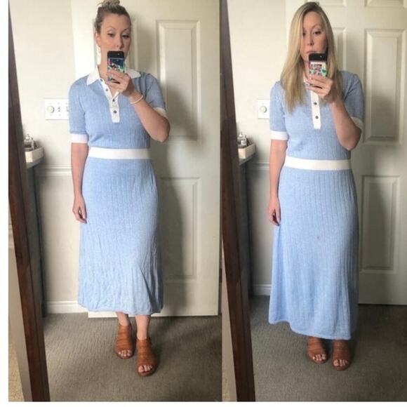 BOSS Light Blue Collared Short Sleeve Front Button Closure Polo Knit Midi Dress - Picture 13 of 14